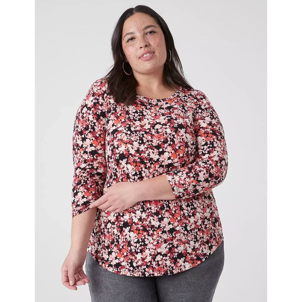 Lane Bryant Womens Top Size 10/12 Red Pink Floral Sleeve Curved Hem Crewneck Tee